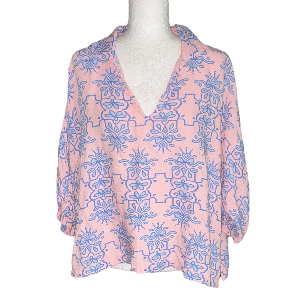 Emily McCarthy Pink Blue Poppy Bow Royalty Print V-Neck Linen Blend Blouse - XL